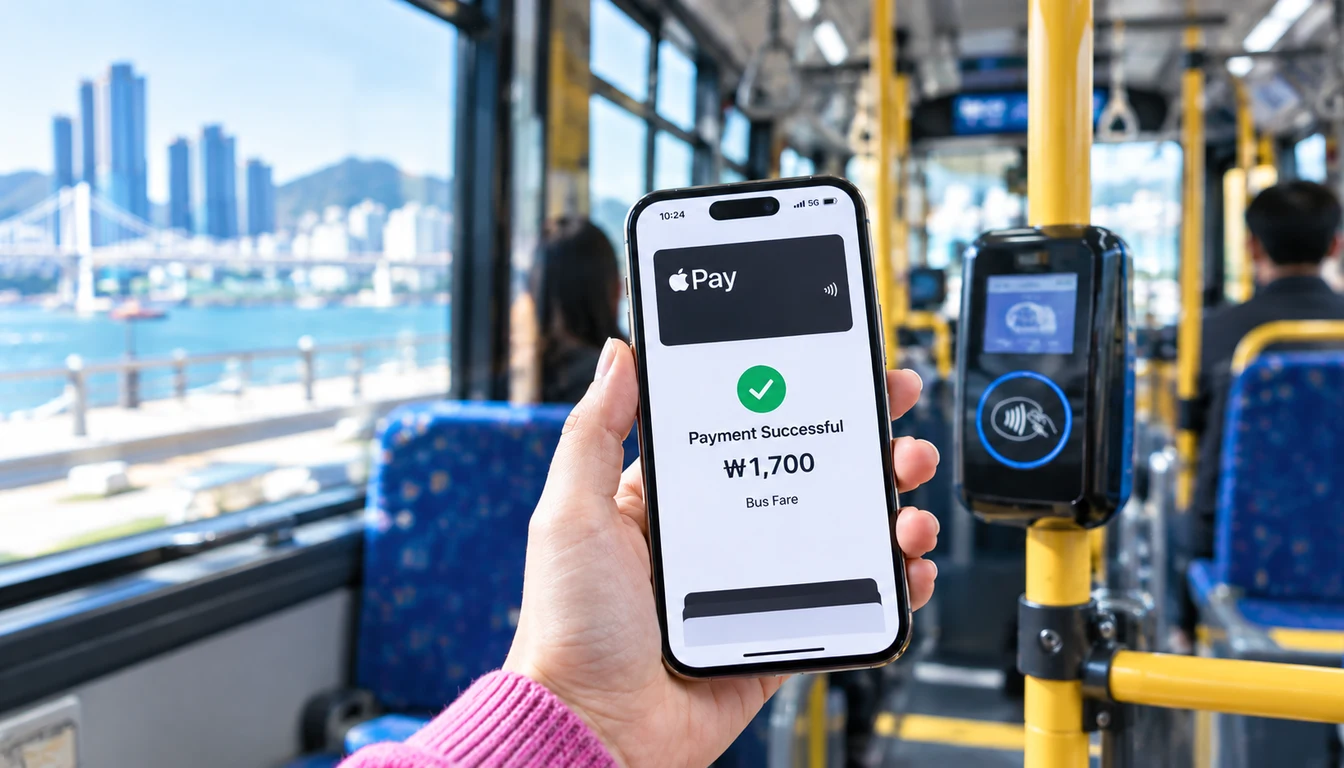 Apple Pay Payment Confirmation on a Busan Bus Smartphone showing an Apple Pay payment confirmation screen for a Busan bus fare