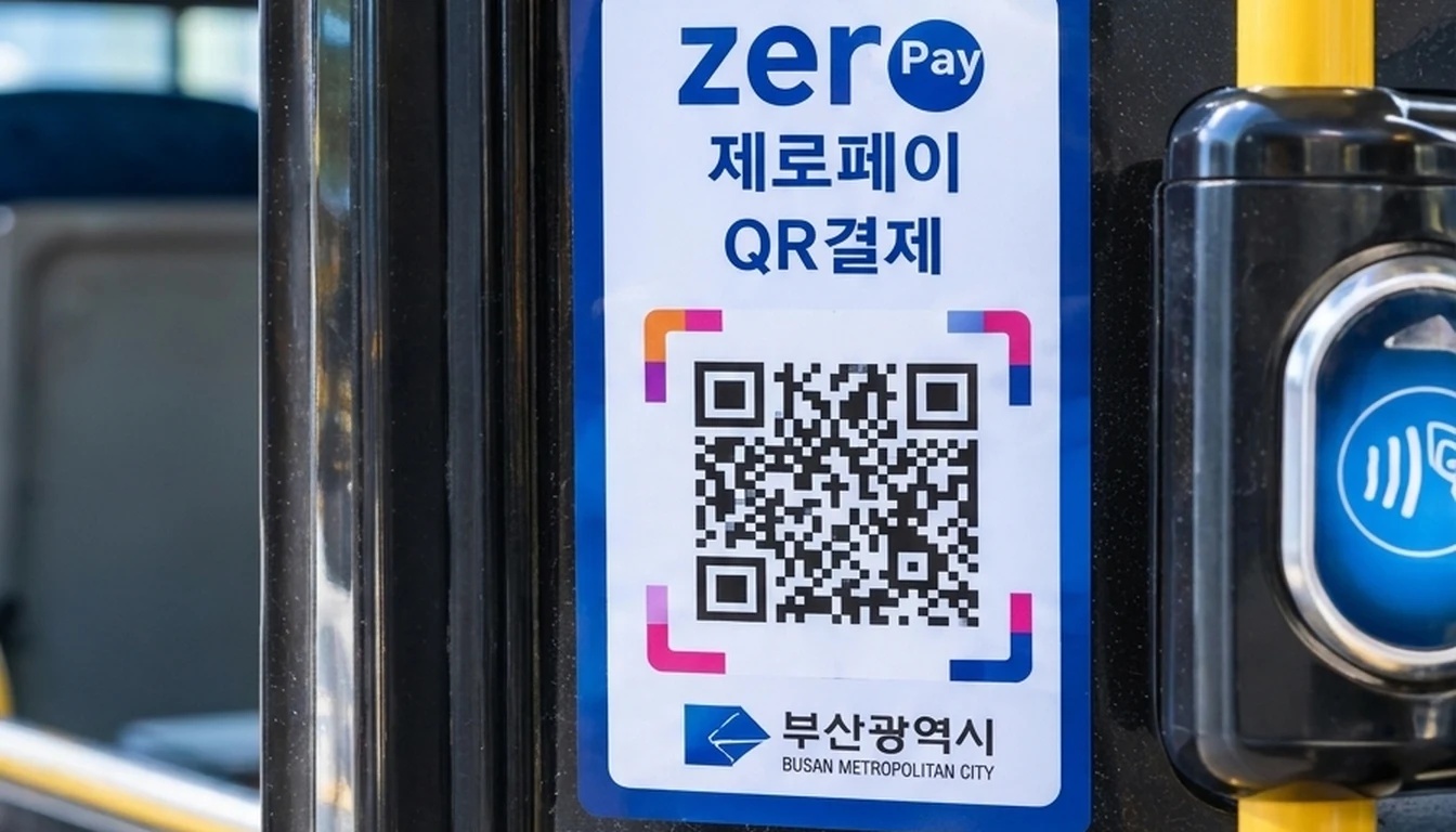 Zero Pay QR Sticker on a Busan City Bus Close-up of a Zero Pay QR code sticker on a Busan city bus door