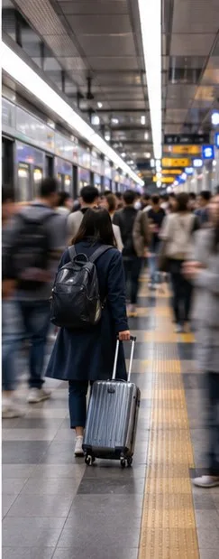 ラッシュ時に混雑する地下鉄のホームでスーツケースを引く旅行者