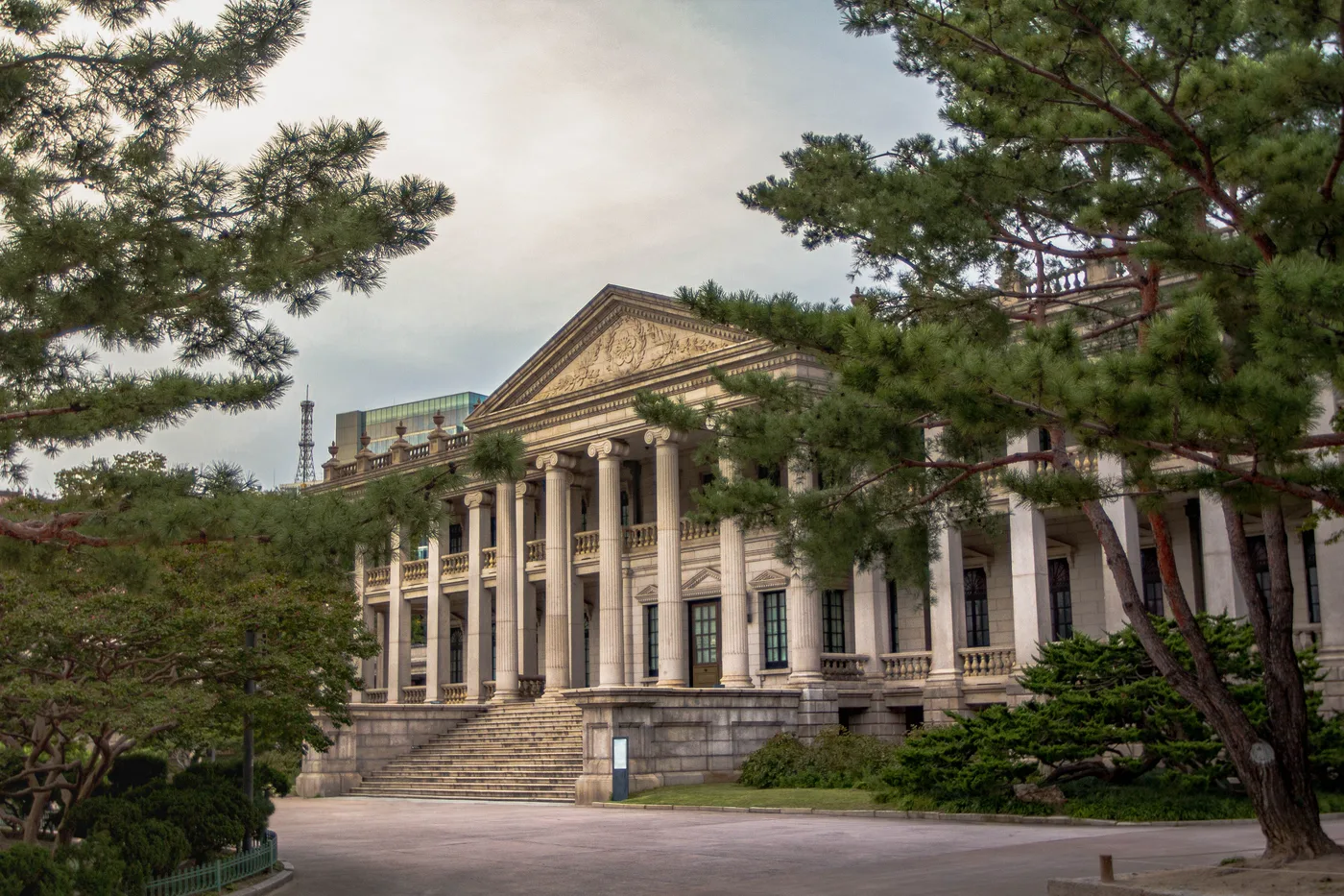 Seokjojeon at Deoksugung Palace Seokjojeon, a neoclassical Western-style stone hall at Deoksugung Palace in Seoul, framed by pine trees