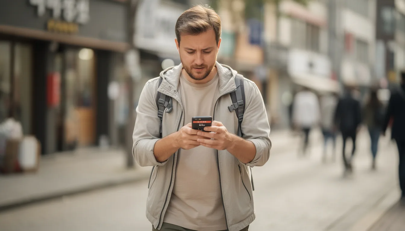 韓国を歩きながら、スマートフォンで災害警報の通知を確認している旅行者