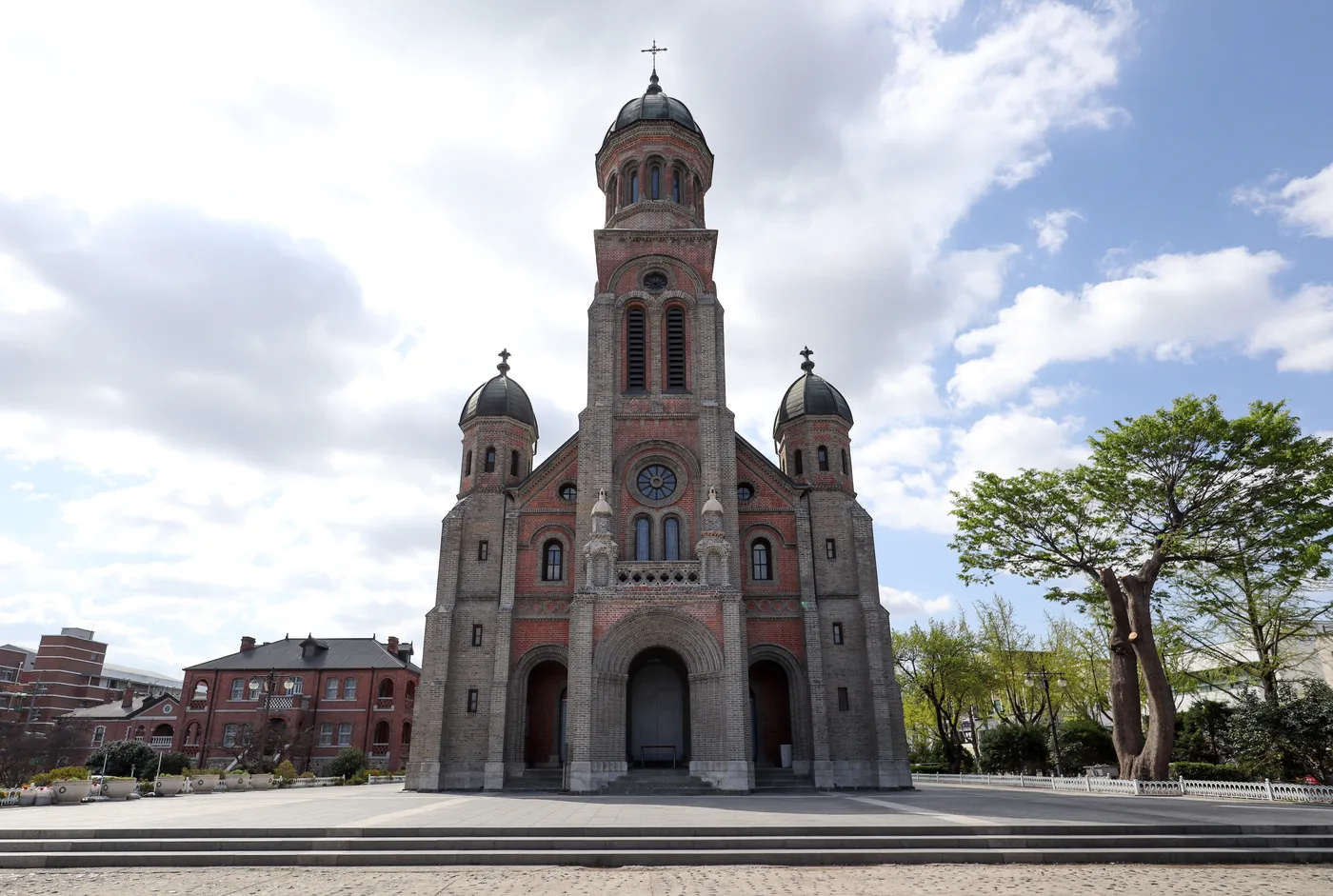 Jeondong Catholic Cathedral in Jeonju, a red brick Romanesque-style church with twin domed towers