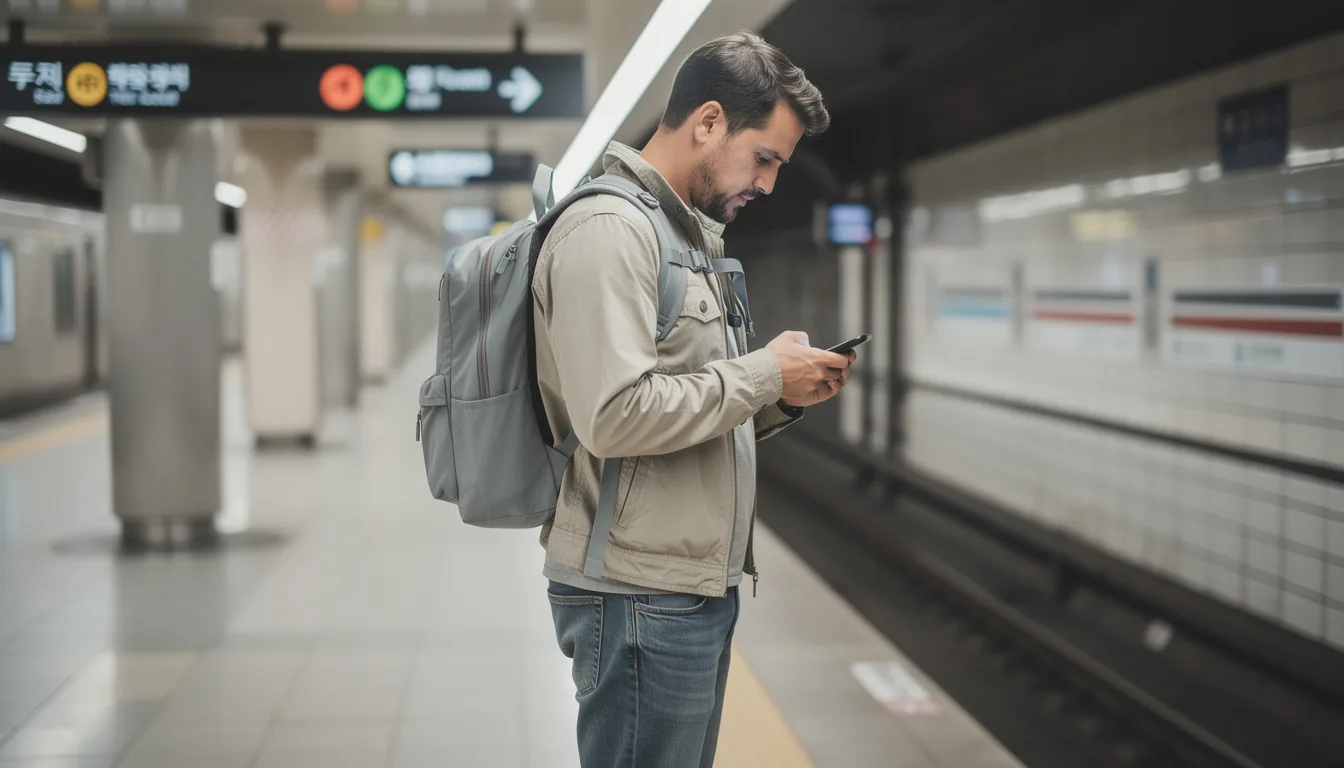 ソウルの地下鉄駅内で、スマートフォンで韓国の地下鉄路線図アプリを確認している旅行者