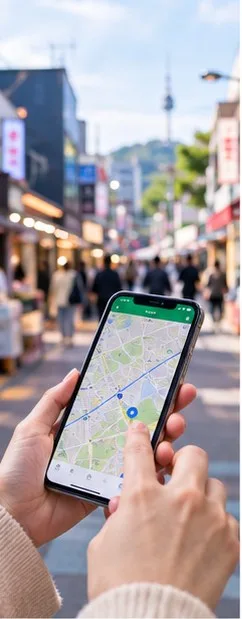 ソウルの街でスマートフォンの地図アプリを見ながら歩く様子