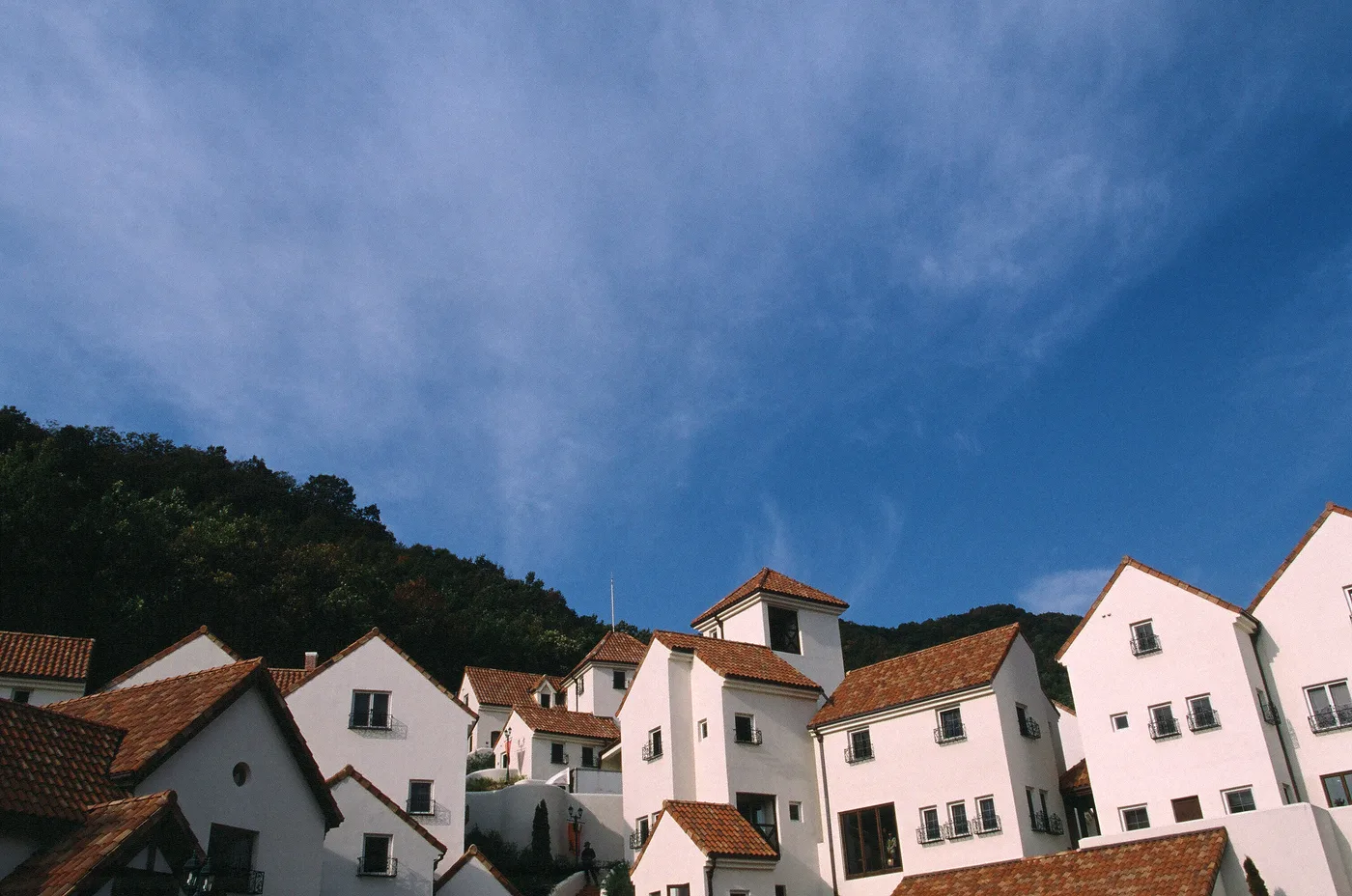 Colorful European-style rooftops and buildings at Petite France, a French-themed village in Gapyeong, Korea