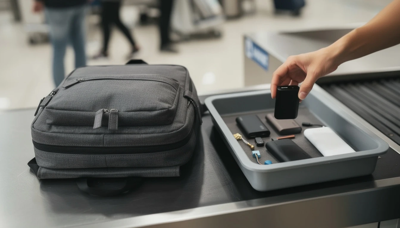 Power banks and spare lithium batteries of different sizes lined up before airport security screening in Korea