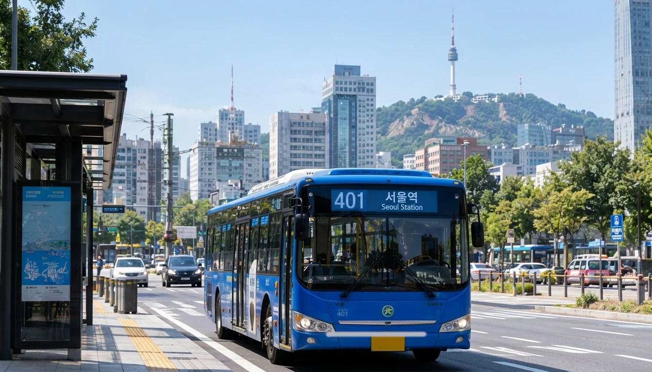 A blue Seoul city bus on a street with Namsan Tower visible in the background