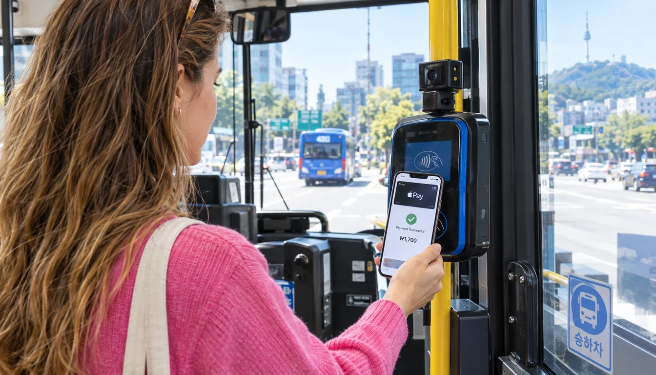 Traveler tapping a smartphone on a Seoul city bus card reader, phone screen visible