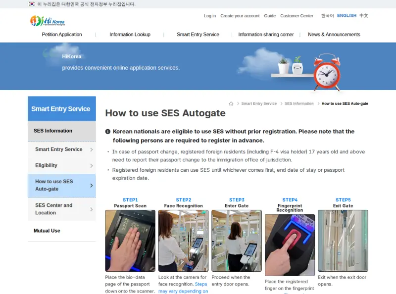 HiKorea's step-by-step photos showing how to use the SES auto-gate: passport scan, face recognition, entering the gate, fingerprint scan, and exiting