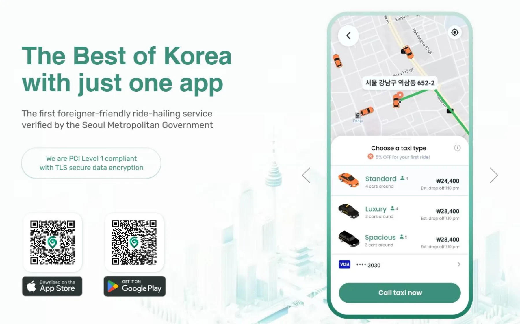 TABA App, Seoul City-Backed Taxi Service TABA app promotional screen describing it as the first foreigner-friendly ride-hailing service verified by the Seoul Metropolitan Government