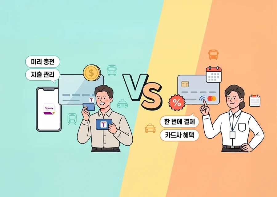 Prepaid Transit Card vs. Contactless Credit Card Illustration comparing a prepaid T-money card (preload balance, expense tracking) against a contactless credit card (pay per ride, card issuer perks)