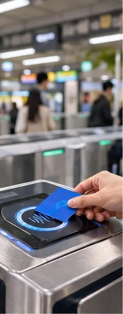 地下鉄の改札で交通カードをタッチする様子