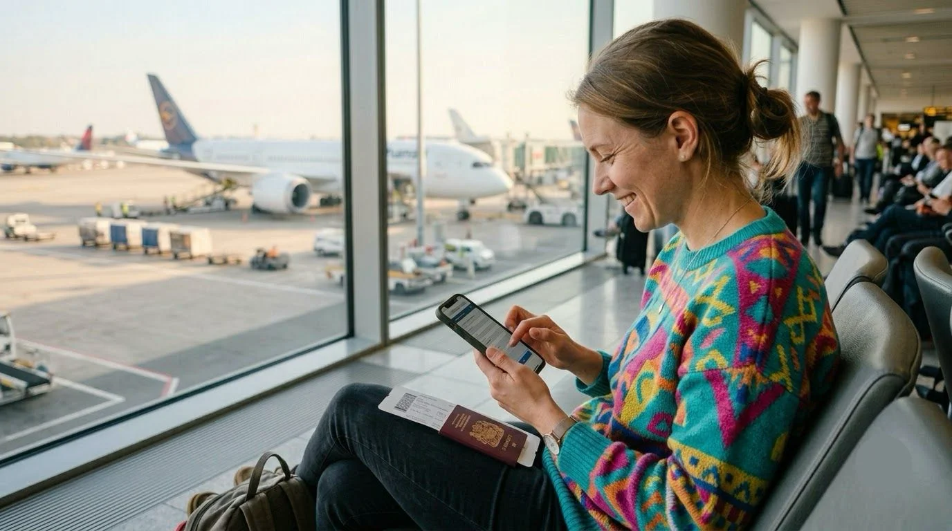 搭乗前に韓国のe-Arrival Cardを事前に記入しておく 空港の出発ロビーで、スマートフォンを使って韓国のe-Arrival Cardに記入している旅行者