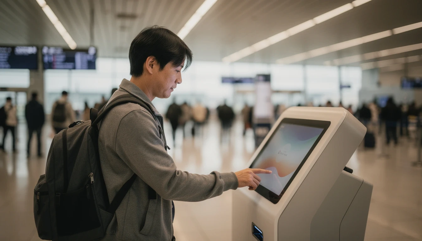 韓国の空港のキオスクで、食品の税関申告書に記入している旅行者