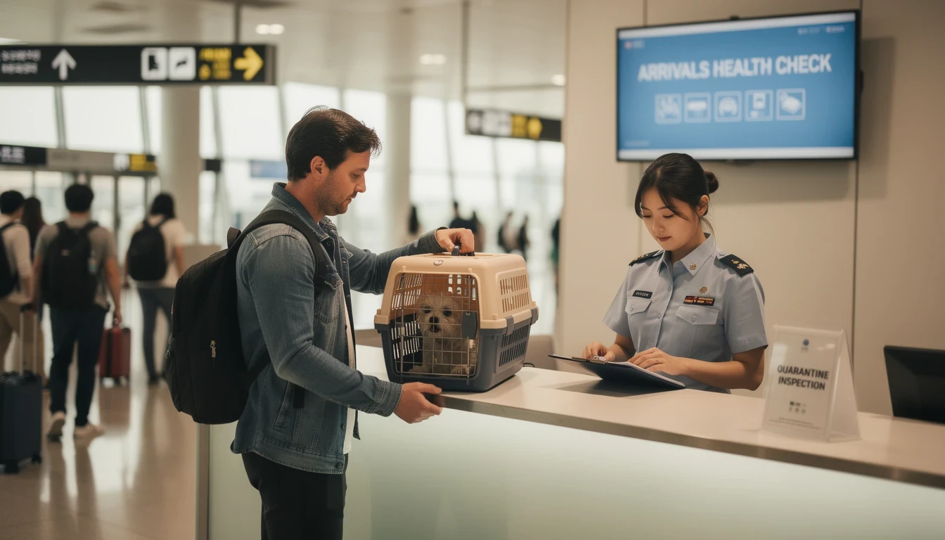 韓国の空港の検疫カウンターで、ペットキャリーを持った旅行者