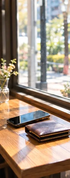 カフェのテーブルに置かれたままのスマートフォンと財布