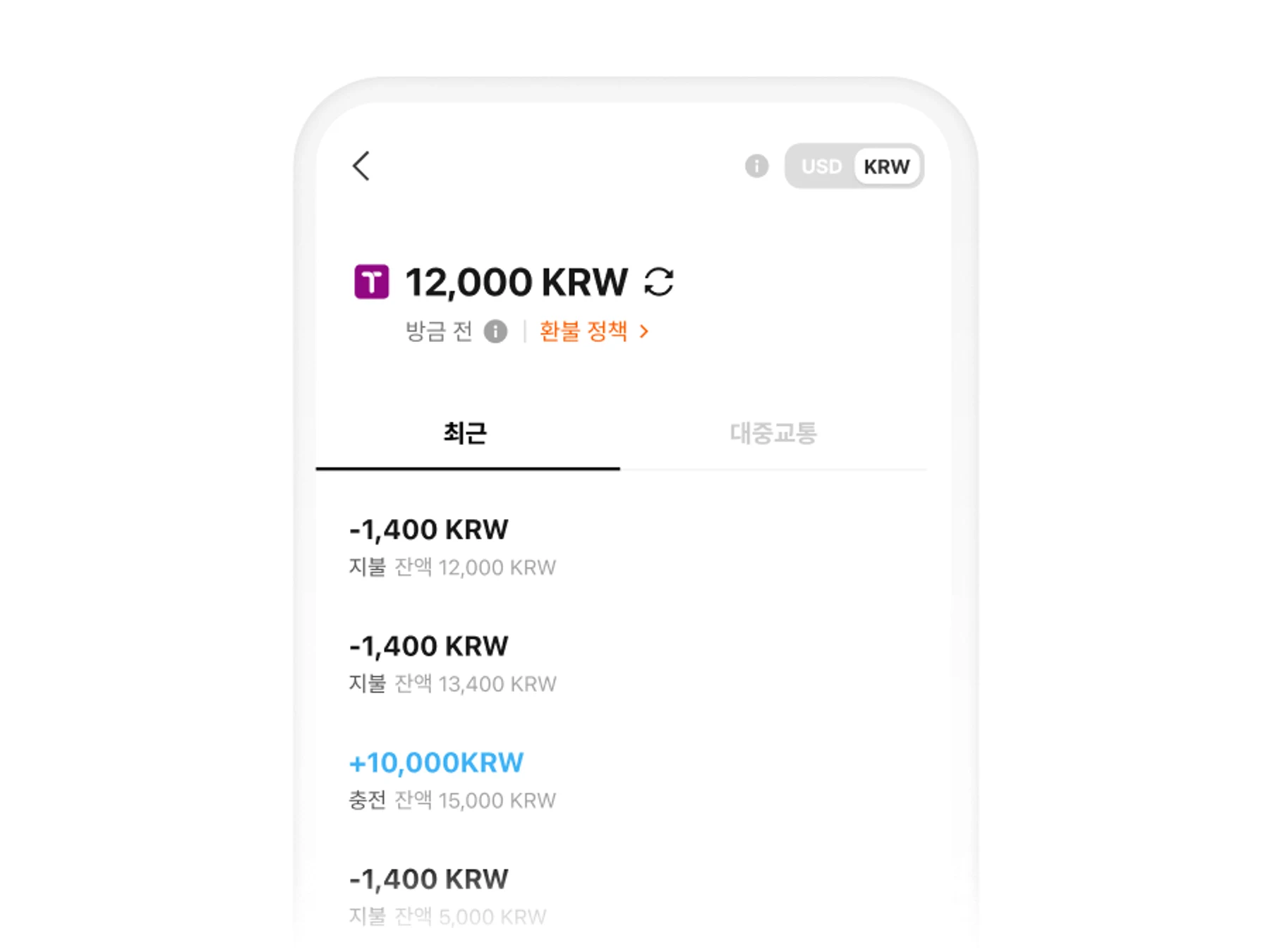 WOWPASS app screen showing a T-money balance of 12,000 KRW and recent transit payment transactions