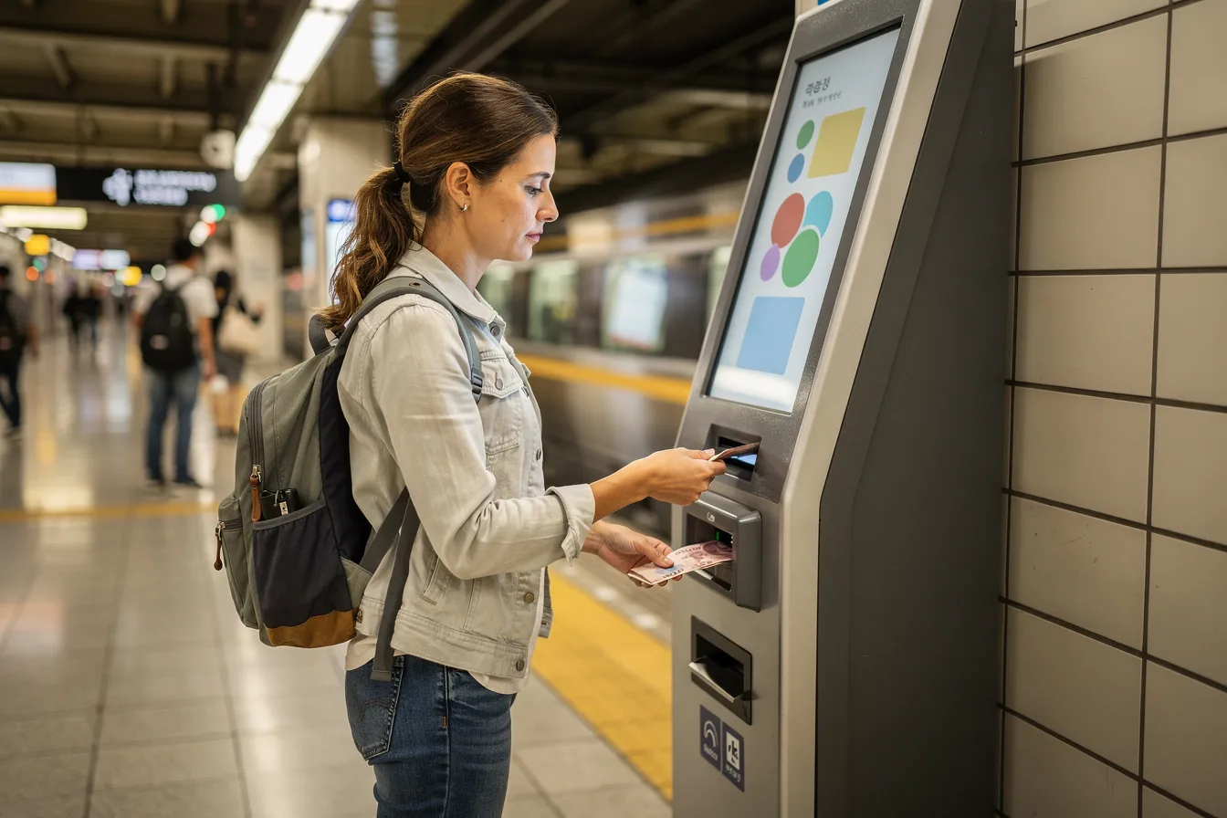 韓国の地下鉄駅で、WOWPASSのセルフサービスキオスクを利用している乗客